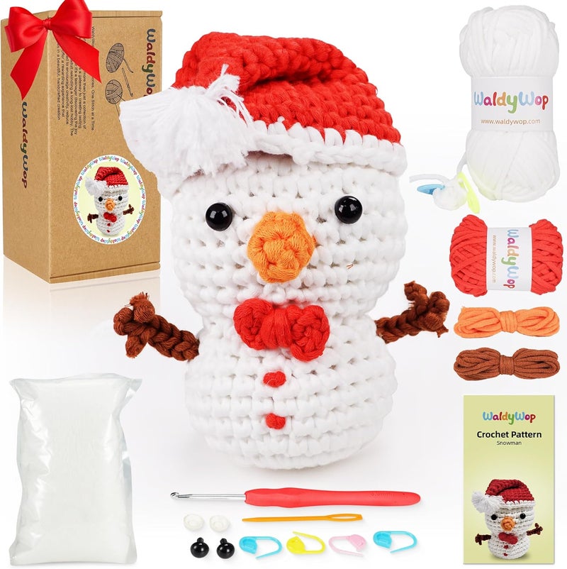 WaldyWop Christmas Snowman Crochet Kit for Beginners, Crochet Starter Kit for Kids Adults, Learn to Crochet w/Step-by-Step Video Tutorials, Pre-Started Yarn, Hook, DIY Amigurumi Craft Gifts for Christmas Décor - Image 1